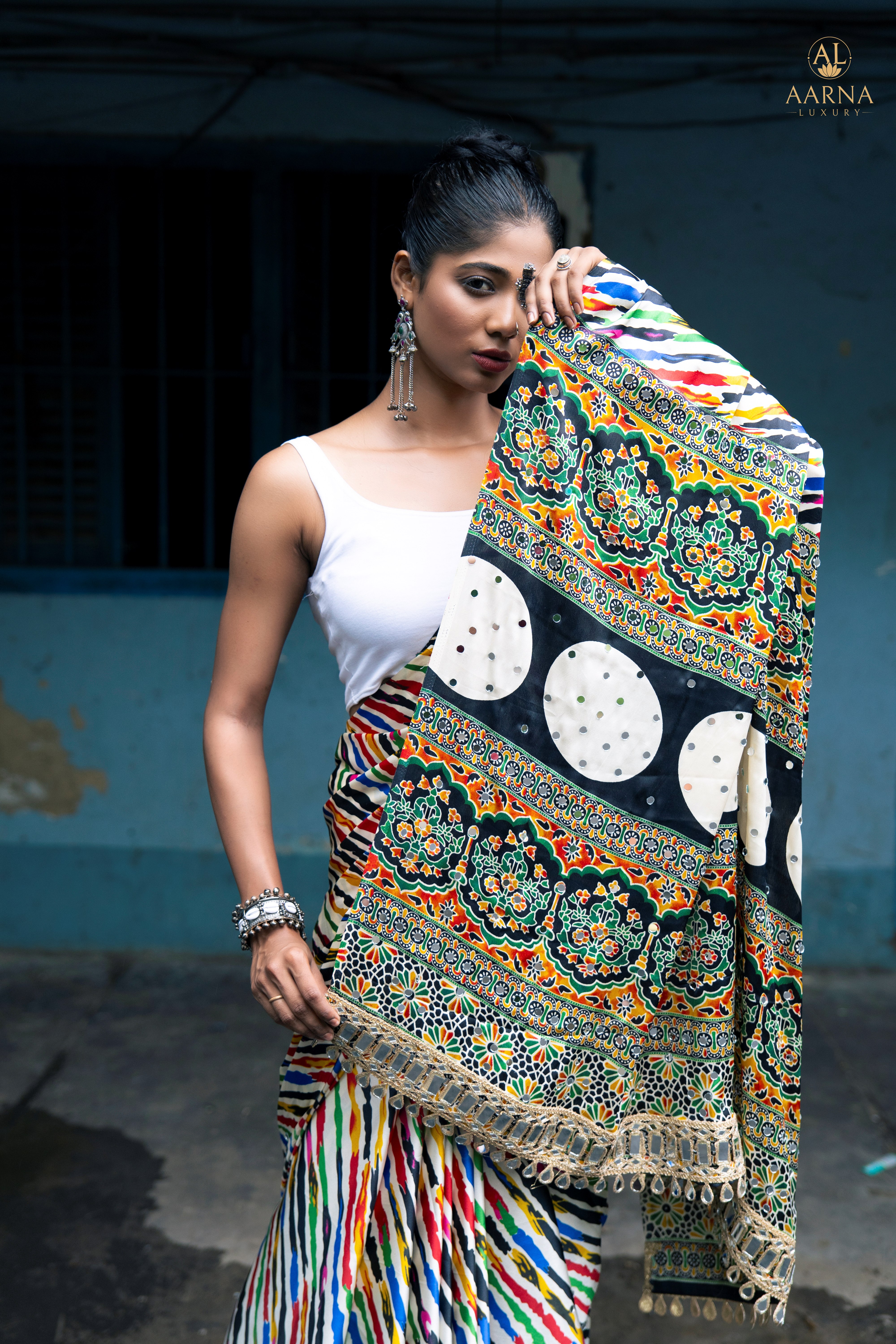 Japan satin ajrakh silk saree with mirror work